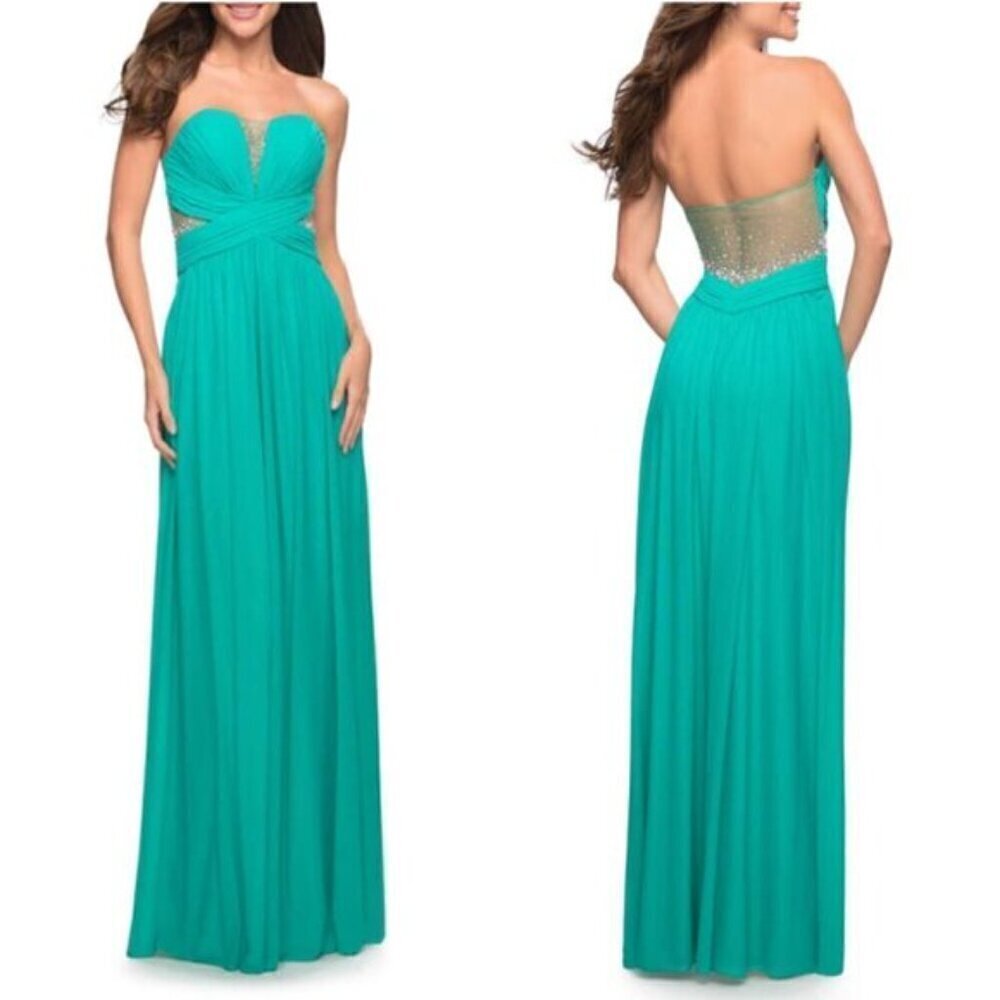 La Femme Strapless Teal Evening Gown